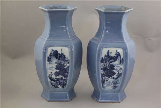 A pair of Chinese blue ground hexagonal baluster vases, Republic period, 30.5cm, bases drilled